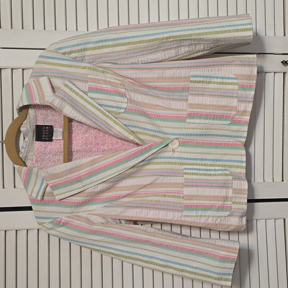 698 Tracy Evans Limited Blazer Jacket Lined White & Pink Stripe 1 Button 3/4 Slv